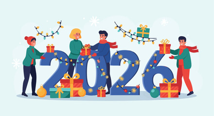 Fototapeta premium Festive People Celebrate New Year 2026, Exchanging Gifts Amidst Snow And Holiday Lights