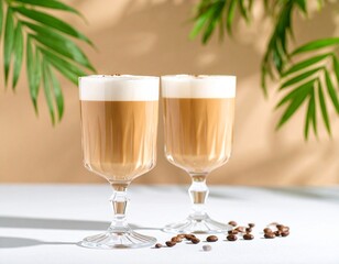 two glasses of coffee with a frothy top placed on a light surface, surrounded by coffee beans and...