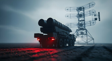 Fototapeta premium Powerful Ballistic Missile System: Heavy Military Transporter and Radar in Dark Landscape