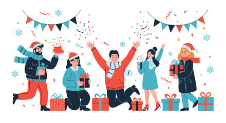 Lively Group Celebrating Winter Holidays, Exchanging Gifts Amidst Falling Snowflakes and Confetti