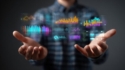 Businessman analyzing digital data chart, futuristic technology