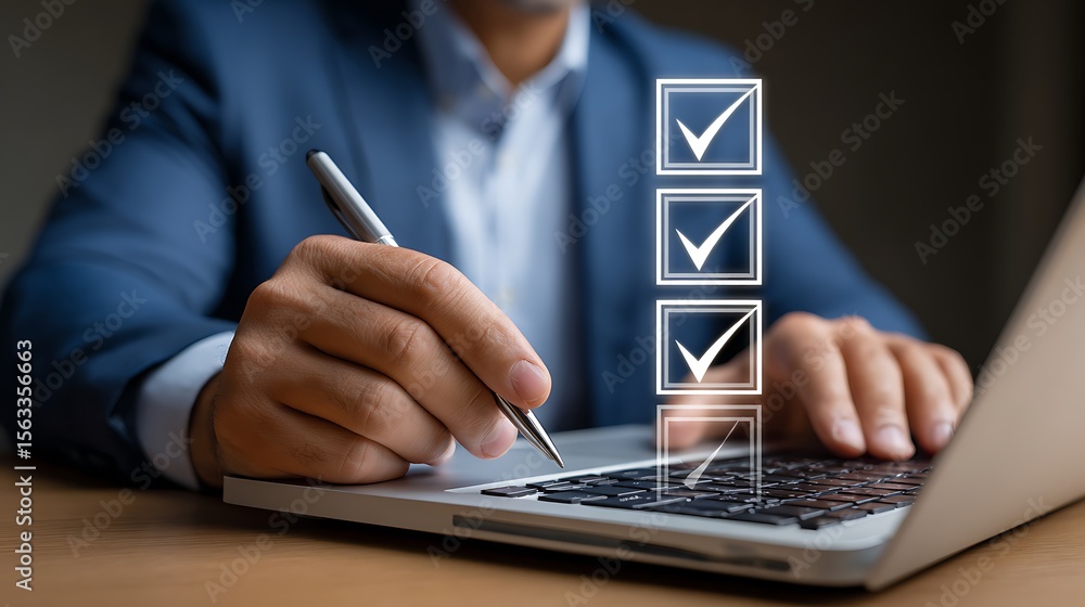 Aufkleber businessman in a blue suit using a pen to interact with a digital checklist on a laptop screen signi