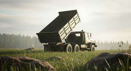 Obraz premium Military Dump Truck: Powerful Cargo Missile Delivery on a Serene Landscape