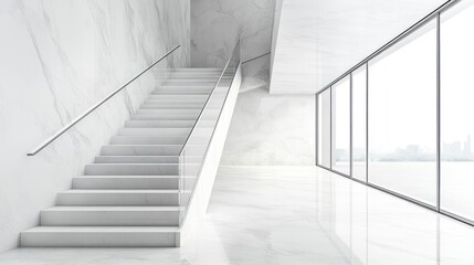 Obraz premium Modern white marble staircase in a minimalist interior. Large windows offer city views