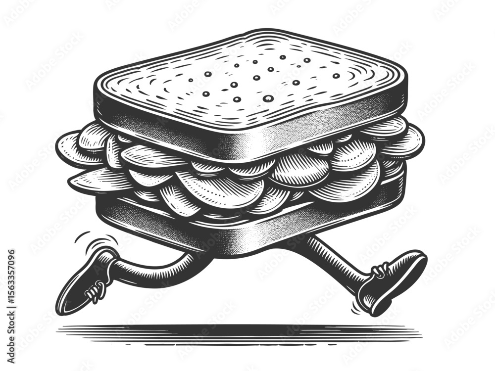 Poster sandwich with legs in motion, humorously personifying food in a playful way sketch engraving generat