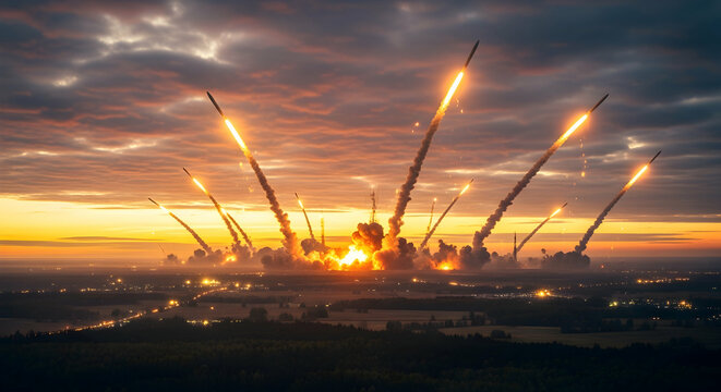 Spectacular Multiple Missile Launches Illuminating the Dawn Sky - Powered by Adobe