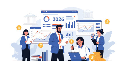 Business Team Analyzing Financial Data and Investment Strategies for Future Economic Growth