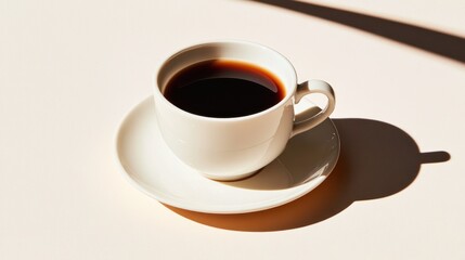 White coffee cup, dark liquid, soft light