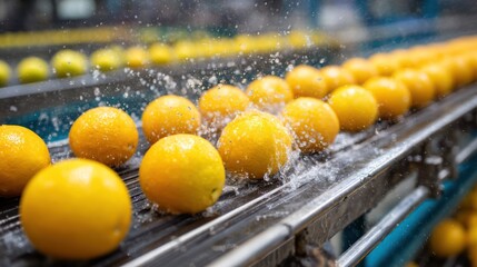 Citrus Fruit Washing on Conveyor Belt: A Fresh Produce Processing Line