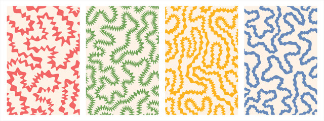 Twisted lines, curved wiggling stripes vector maze backgrounds set. Funky chaotic ornaments, groovy psychedelic patterns collection. Spiky zigzag jagged edge. Doodle hand drawn wavy winding lines