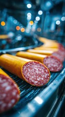 Salami rolls positioned on production line in factory during processing hours