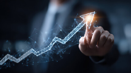 Businessman touching digital growth arrow, futuristic success