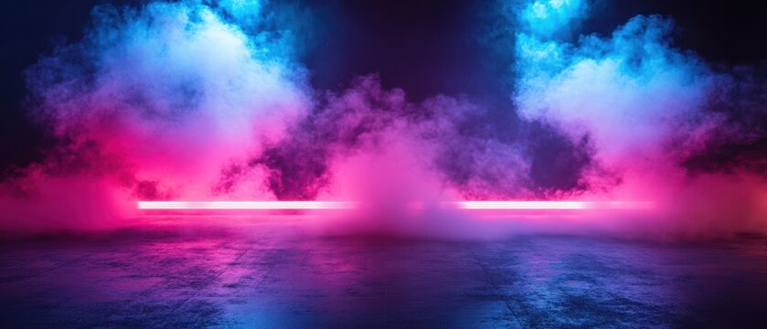 Background of an empty room with smoke and neon light. Dark abstract background