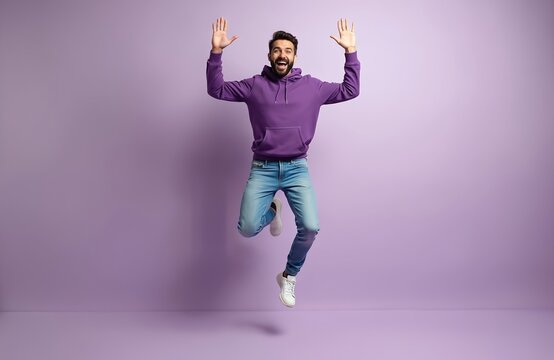Happy man jumps in air, isolated on pastel purple background. Brunet guy wears purple hoodie, light blue jeans. Cheerful model expresses joyful emotions of success, freedom. Sportive active lifestyle.