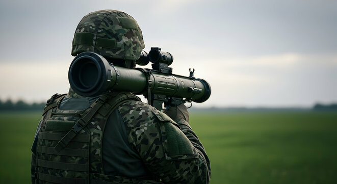 Soldier with Missile Launcher on Overcast Day in Green Field