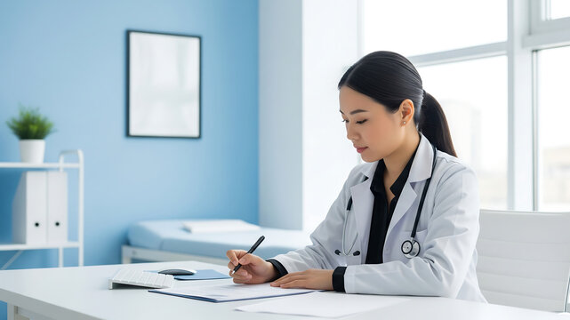 Female Asian doctor at hospital desk reviewing patient charts for healthcare branding use