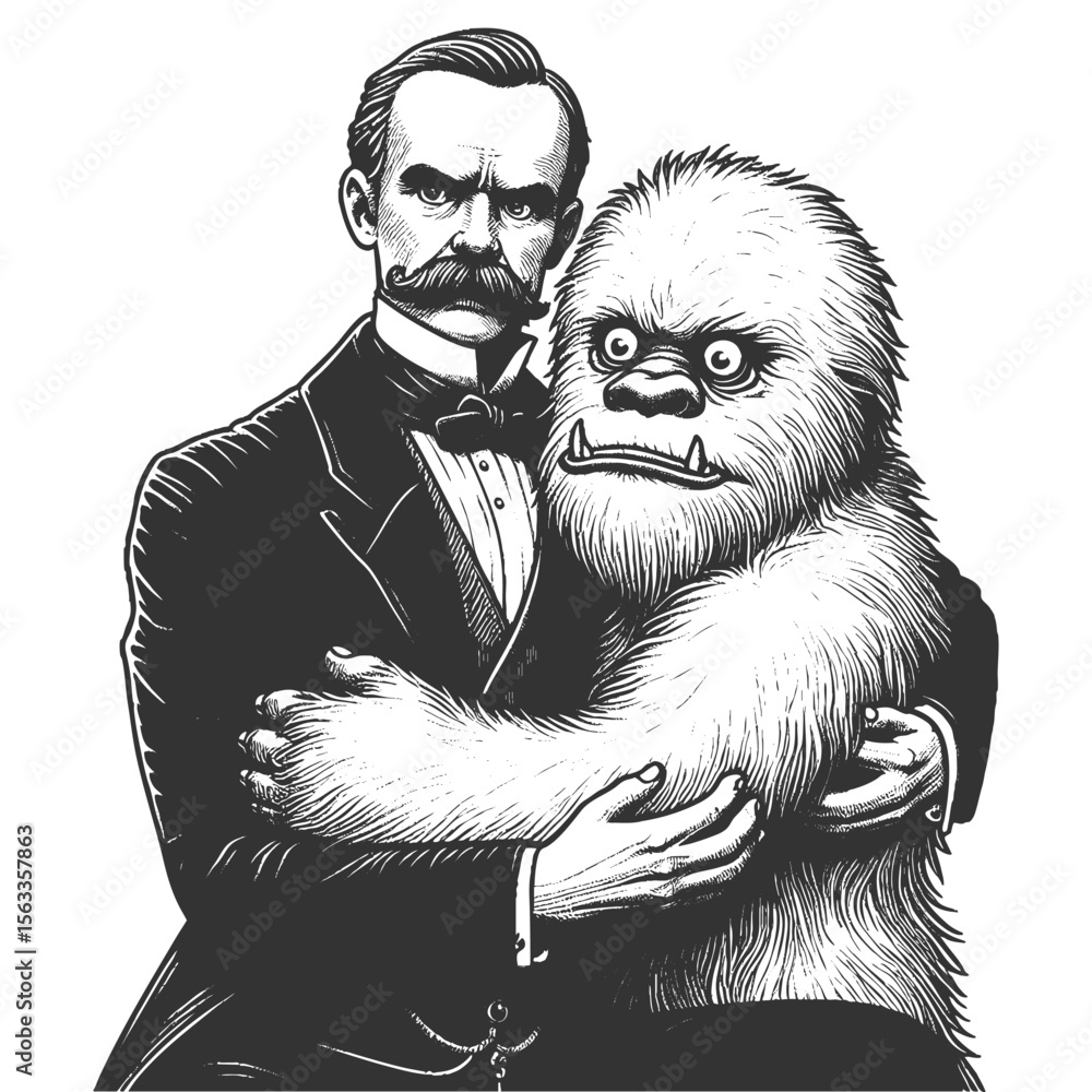 Poster man embracing yeti shaggy monster in a surreal, humorous scene sketch engraving generative ai fictio