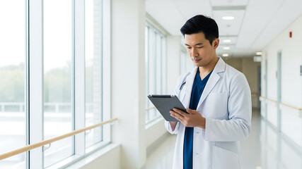 Asian male doctor analyzing patient data in bright hospital corridor with modern clean design