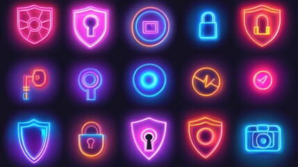 Fototapeta premium Neon-colored security icons on dark background