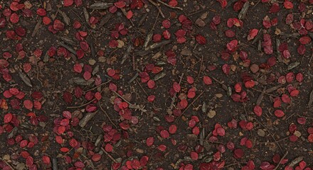 Overhead view of dark ground covered with scattered vibrant red leaves twigs and bark debris