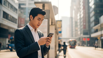 Asian businessman checking phone during commute at city bus stop for modern branding scene