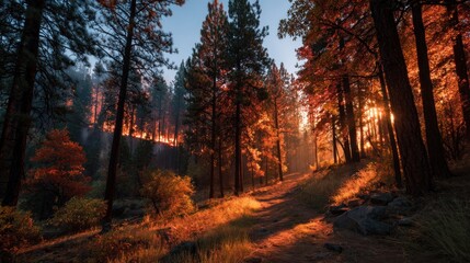 Obraz premium Forest fire with vibrant colours and sun rays in the mountain background