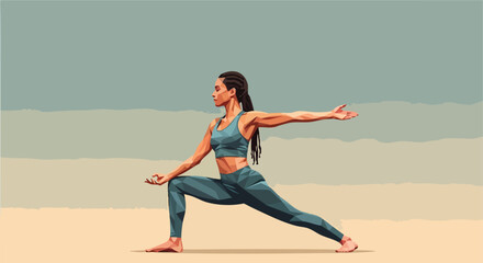 Fototapeta premium Focused Woman Practices Warrior Yoga Pose, Embodying Balance and Strength in Minimalist Outdoor Setting
