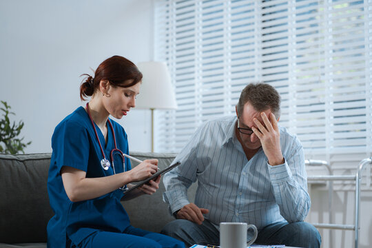 Stressed senior old patient are treated by a psychologist or psychiatrist in a psychiatric clinic or hospital. Patients reported symptoms of depression, stress, irritability, and life problems.