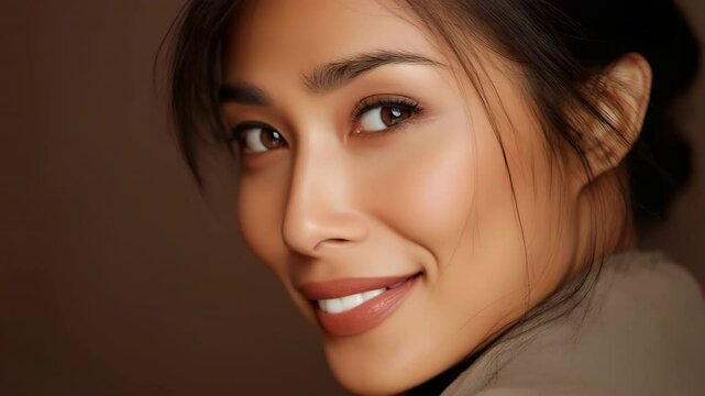 A woman with brown hair and brown eyes is wearing makeup. She has a smile on her face