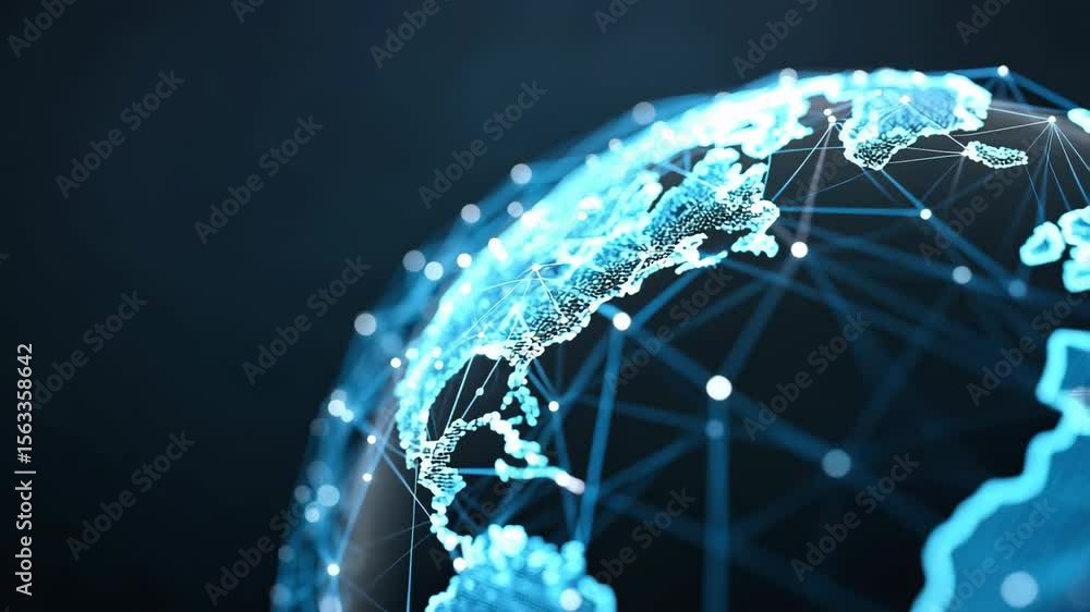 Poster connected world: global network visualization. interconnected digital globe with network nodes & lin
