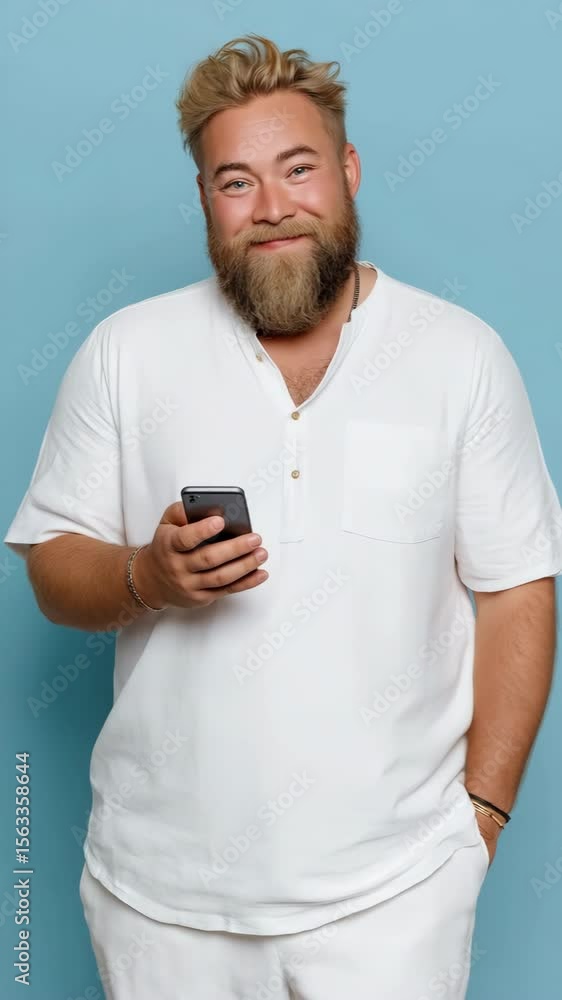 Poster a man with a beard is holding a cell phone. he is smiling and looking at the camera