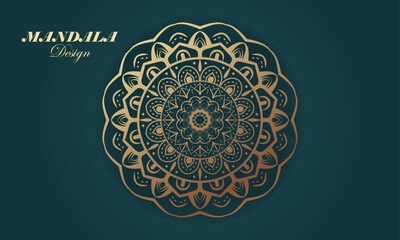 Elegant Golden Mandala in gold and Teal Background, Gold Mandala Line Art- Decorative design. 
