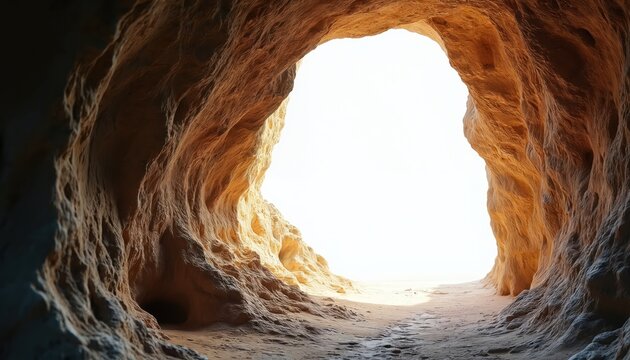 Dramatic side view of cave entrance with details on white background. Rugged rock formations form the cave walls. Nature scenic landscapes, travel destination. - Powered by Adobe