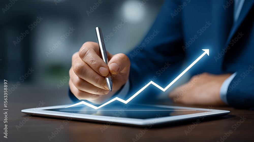 Poster businessman using a stylus on a tablet displaying a glowing upward trending financial graph with an 