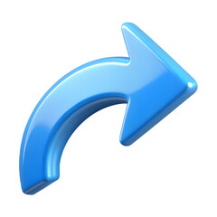 Shiny blue curved arrow pointing forward and to the right isolated on transparent background