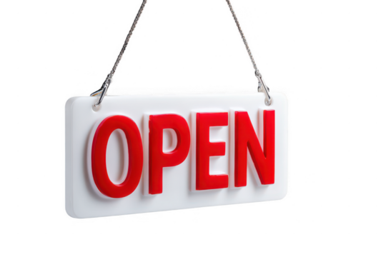 White rectangular sign with red letters spelling open isolated on transparent background