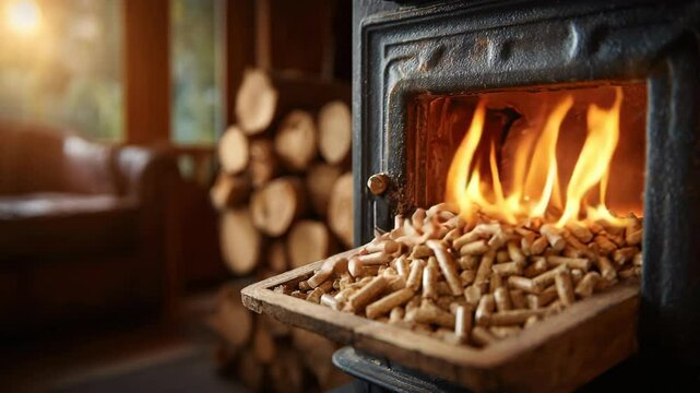 Heating with eco-friendly wood pellets. Fire burning in a pellet stove. Renewable energy and sustainable heating concept.
