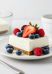 A square piece of cheesecake topped with fresh berries on a white plate, with a fork nearby.
