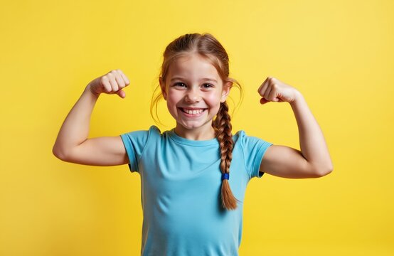 Happy girl flexes arms in studio. Smiling kid shows biceps, showing confidence. Young female represents strength, power, growth. Joyful portrait of empowered child on yellow background.