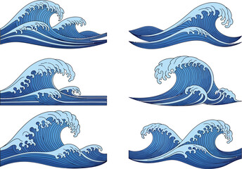 Stylized Japanese Waves Art Illustration Featuring Shades of Blue and Crisp White Backdrops For Graphic Design and Artistic Projects