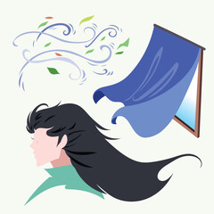Breeze illustration set bundle. Long hair, blue window curtain, and leaves blowed by the wind drawing isolated on square background.