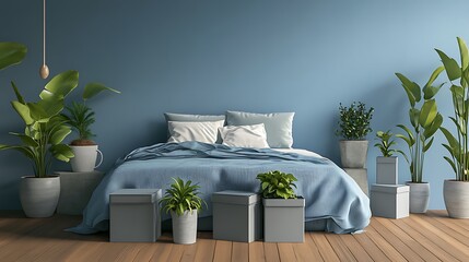 Sky blue bedroom with cozy double bed, leafy indoor plants in ceramic pots, and minimal grey boxes neatly placed on wooden flooring