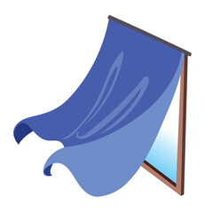 Blue window curtain with wind blowing in illustration isolated on white background.