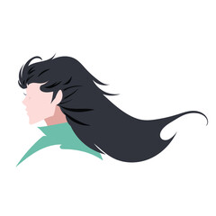 Young person from side view with long black hair blowed by the wind illustration isolated on white background.