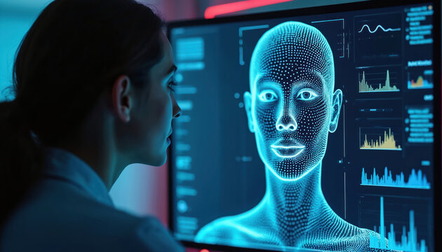 Woman looking at human face on computer screen with biometric system. Facial recognition technology uses AI for identification. Concept of security, privacy, verification, authentication, digital