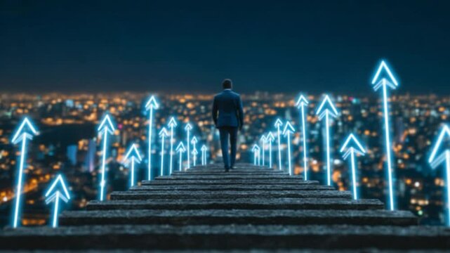 Business Journey: Man Climbing Stairs with Glowing Arrows Toward City Success