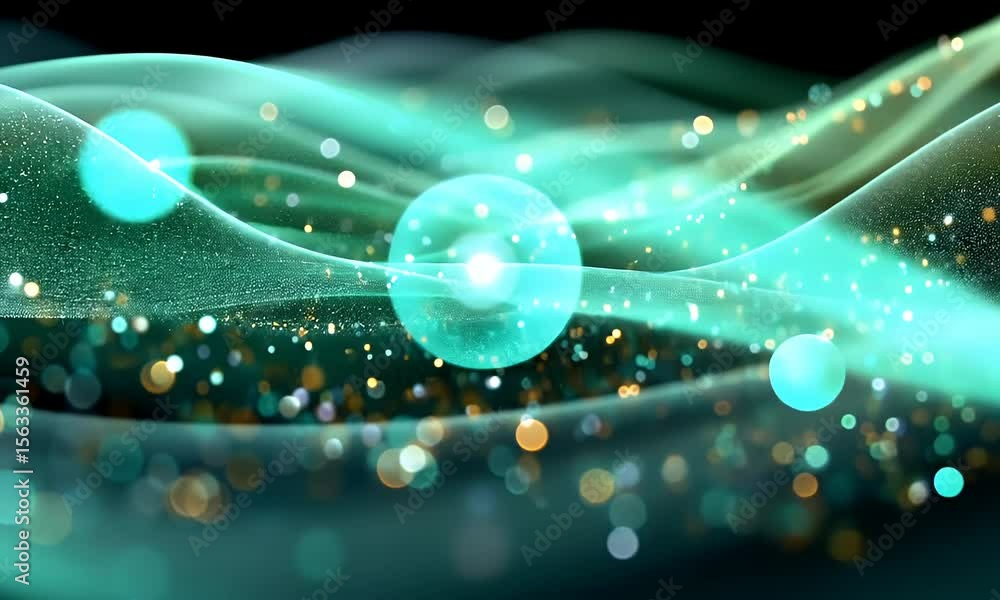 Poster ethereal teal waves with golden bokeh: abstract particle flow animation