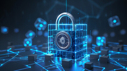 A Mesmerizing 3D Blockchain Cube Network Showcasing Interconnected Digital Nodes in Futuristic Space