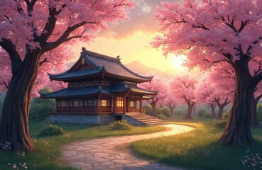Fototapeta premium Scenic sunset cherry blossom trees landscape. Traditional Japanese house in garden. Pathway leads to pagoda. Spring blossoms, pink petals, flowers. Japan cultural architecture serenity peaceful