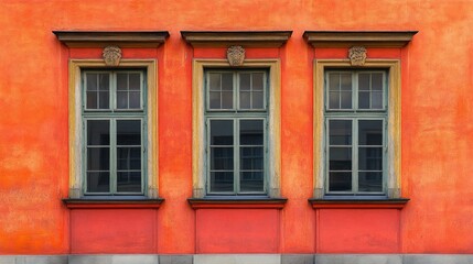 Obraz premium Three windows with white frames on the orange wall of an old building. Useful for articles about architecture and interior design.